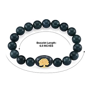 24K Yellow Gold Tree of Life Charm Natural Olmec Jadeite 130.00 ctw Beaded Stretch Bracelet
