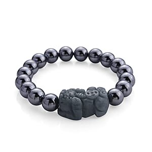 Olmec Jadeite Pixiu with Terahertz Beaded Stretch Bracelet (6.5-7in) 150.00 ctw