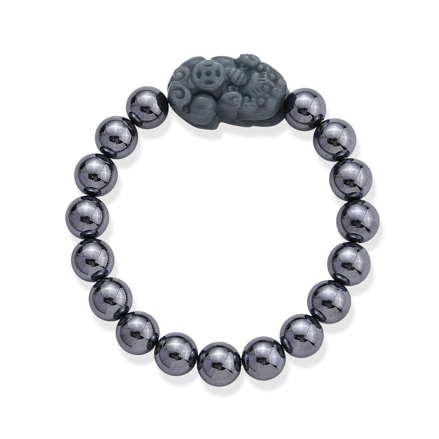Olmec Jadeite Pixiu with Terahertz Beaded Stretch Bracelet (6.5-7in) 150.00 ctw