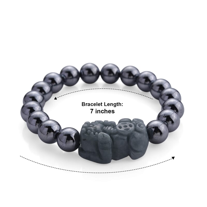 Olmec Jadeite Pixiu with Terahertz Beaded Stretch Bracelet (6.5-7in) 150.00 ctw