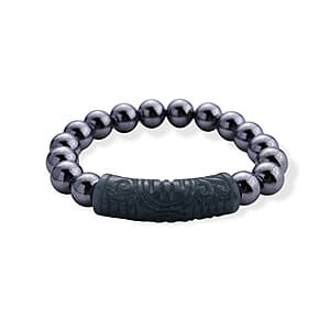 Natural Olmec Jadeite Carved Talisman with Terahertz Beaded Stretch Bracelet (6.5-7in) 150.00 ctw