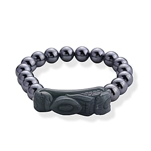 Natural Olmec Jadeite Carved Dragon Head with Terahertz Beaded Stretch Bracelet (6.5-7in) 150.00 ctw