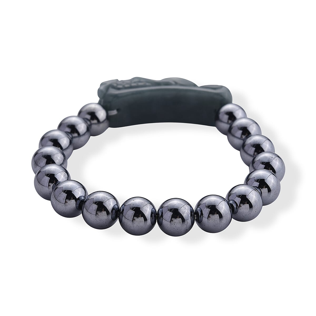 Natural Olmec Jadeite Carved Dragon Head with Terahertz Beaded Stretch Bracelet (6.5-7in) 150.00 ctw image number 3