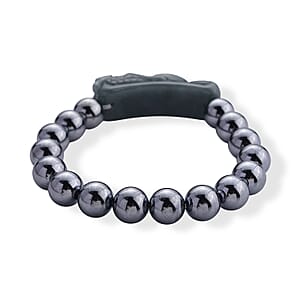 Natural Olmec Jadeite Carved Dragon Head with Terahertz Beaded Stretch Bracelet (6.5-7in) 150.00 ctw