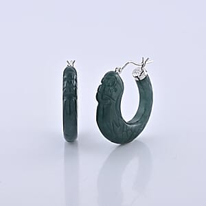 D'Joy Natural Olmec Jadeite 65.00 ctw Carved Hoop Earrings in Rhodium Over Sterling Silver
