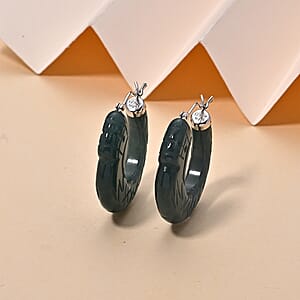 D'Joy Natural Olmec Jadeite 65.00 ctw Carved Hoop Earrings in Rhodium Over Sterling Silver