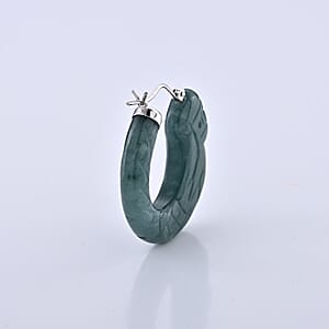 D'Joy Natural Olmec Jadeite 65.00 ctw Carved Hoop Earrings in Rhodium Over Sterling Silver