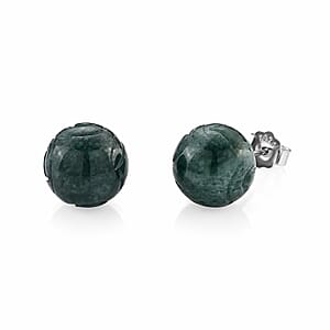 D'Joy Natural Olmec Jadeite 30.00 ctw Carved Chinese Money Coin Stud Earrings in Rhodium Over Sterling Silver