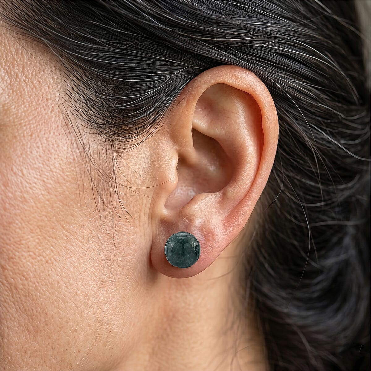 D'Joy Natural Olmec Jadeite 30.00 ctw Carved Money Coin Stud Earrings in Rhodium Over Sterling Silver image number 1