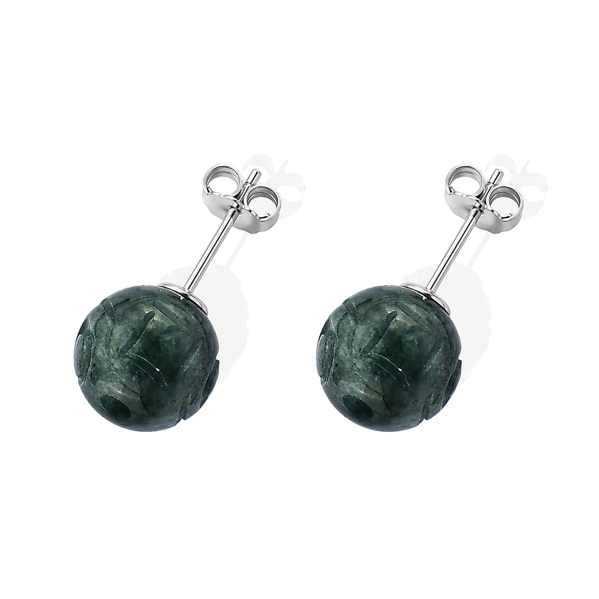 D'Joy Natural Olmec Jadeite 30.00 ctw Carved Money Coin Stud Earrings in Rhodium Over Sterling Silver image number 3