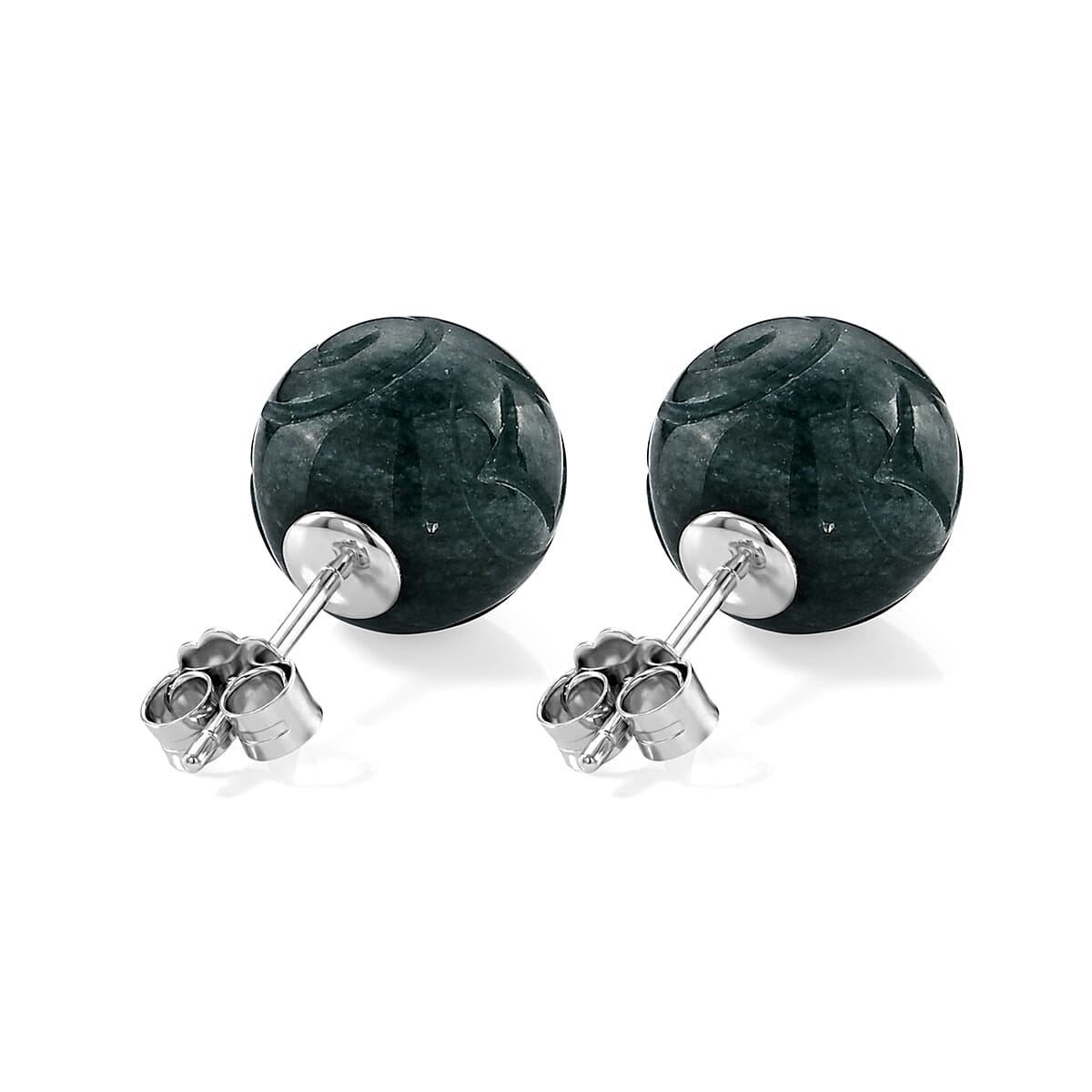 D'Joy Natural Olmec Jadeite 30.00 ctw Carved Money Coin Stud Earrings in Rhodium Over Sterling Silver image number 4
