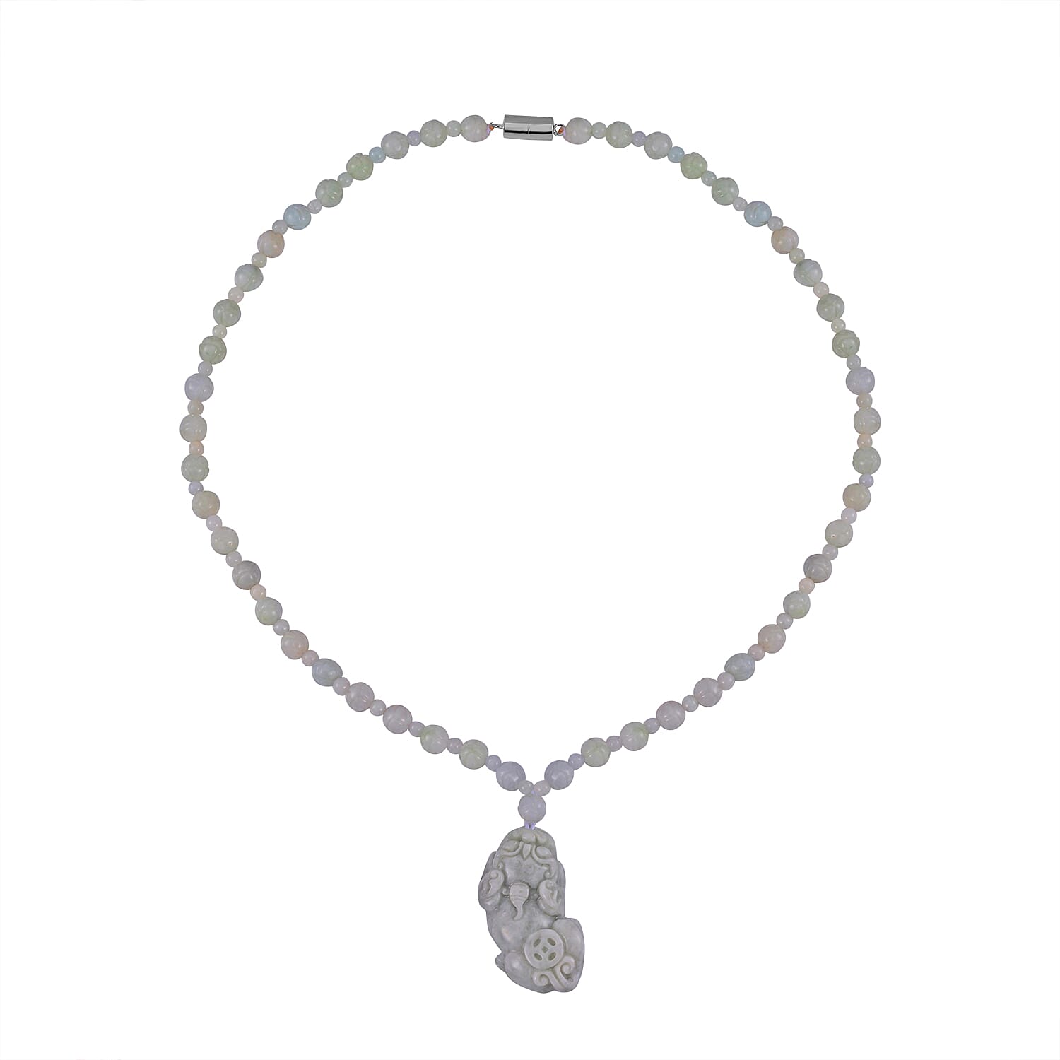 D'Joy Natural Jade 180.00 ctw Carved Pixiu with Beaded Necklace (20 Inches) in Rhodium Over Sterling Silver