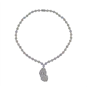 D'Joy Natural Jade 180.00 ctw Carved Pixiu with Beaded Necklace (20 Inches) in Rhodium Over Sterling Silver