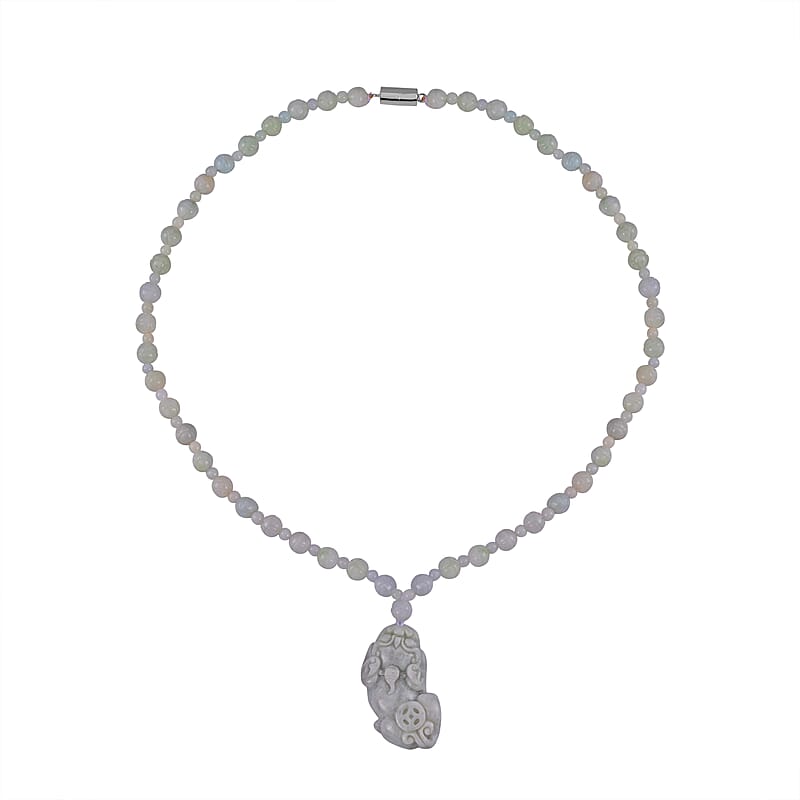 D'Joy Natural Jade 180.00 ctw Carved Pixiu with Beaded Necklace (20 Inches) in Rhodium Over Sterling Silver