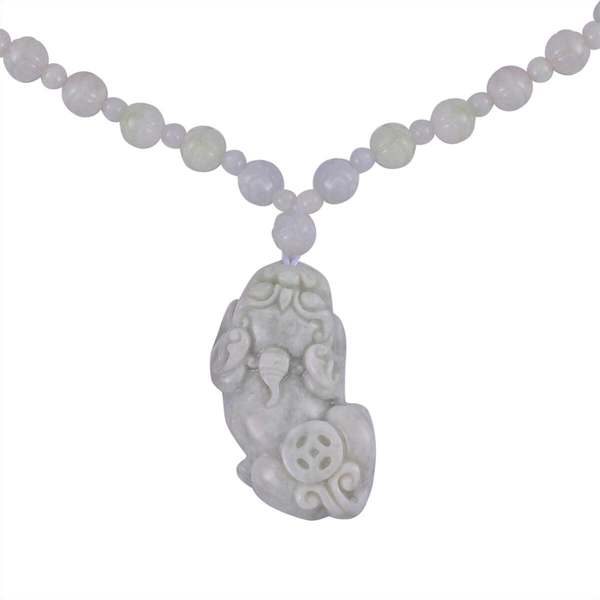 D'Joy Natural Jade 180.00 ctw Carved Pixiu with Beaded Necklace (20 Inches) in Rhodium Over Sterling Silver image number 1