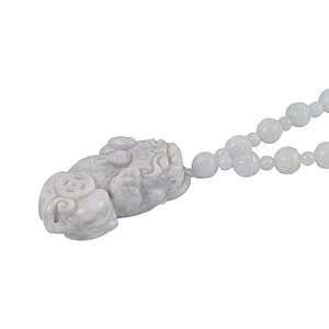 D'Joy Natural Jade 180.00 ctw Carved Pixiu with Beaded Necklace (20 Inches) in Rhodium Over Sterling Silver