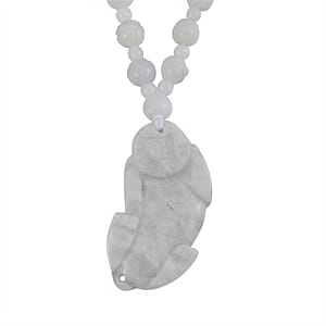 D'Joy Natural Jade 180.00 ctw Carved Pixiu with Beaded Necklace (20 Inches) in Rhodium Over Sterling Silver