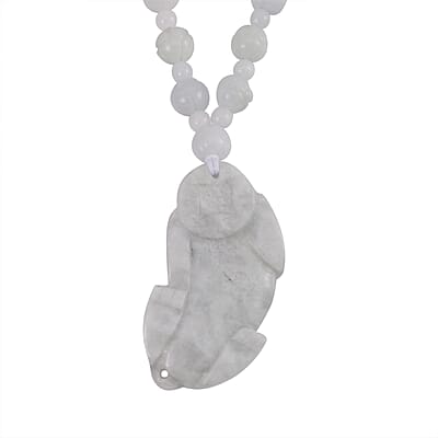 D'Joy Natural Jade 180.00 ctw Carved Pixiu with Beaded Necklace (20 Inches) in Rhodium Over Sterling Silver
