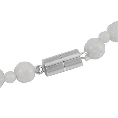 D'Joy Natural Jade 180.00 ctw Carved Pixiu with Beaded Necklace (20 Inches) in Rhodium Over Sterling Silver