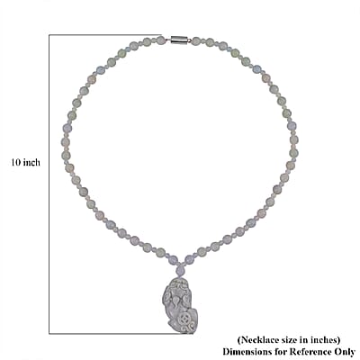 D'Joy Natural Jade 180.00 ctw Carved Pixiu with Beaded Necklace (20 Inches) in Rhodium Over Sterling Silver