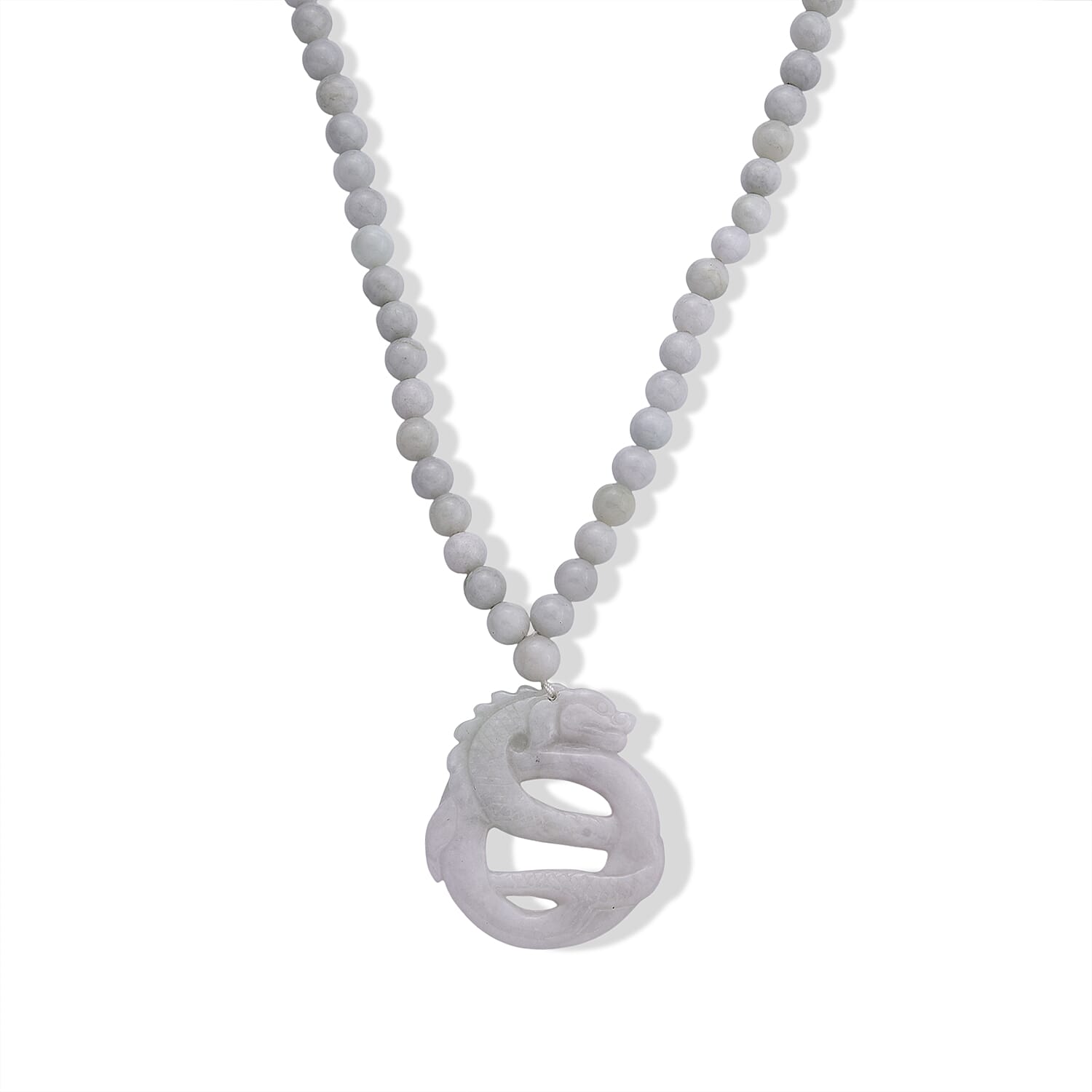 D'Joy Natural Jade 440.00 ctw Carved Double Dragon Pendant with Beaded Necklace (20 Inches) in Rhodium Over Sterling Silver