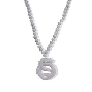 D'Joy Natural Jade 440.00 ctw Carved Double Dragon Pendant with Beaded Necklace (20 Inches) in Rhodium Over Sterling Silver