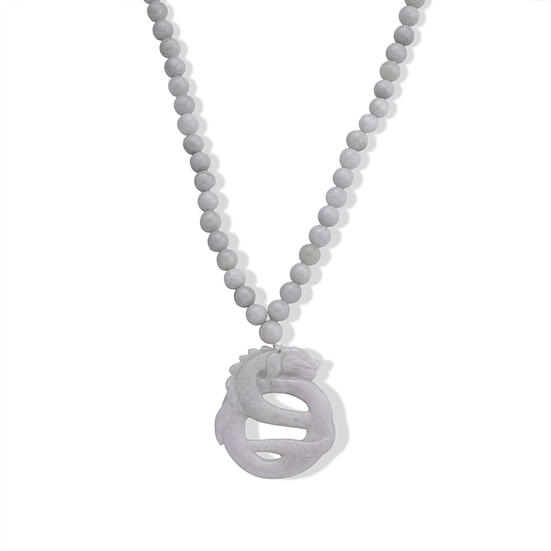 D'Joy Natural Jade 440.00 ctw Carved Double Dragon Pendant with Beaded Necklace (20 Inches) in Rhodium Over Sterling Silver