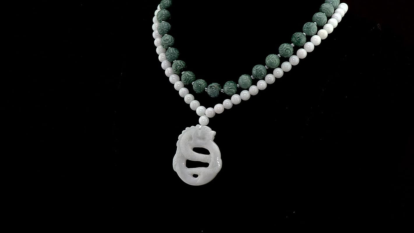 D'Joy Natural Jade Carved Double Dragon Pendant with Beaded Necklace (20 Inches) in Rhodium Over Sterling Silver 440.00 ctw