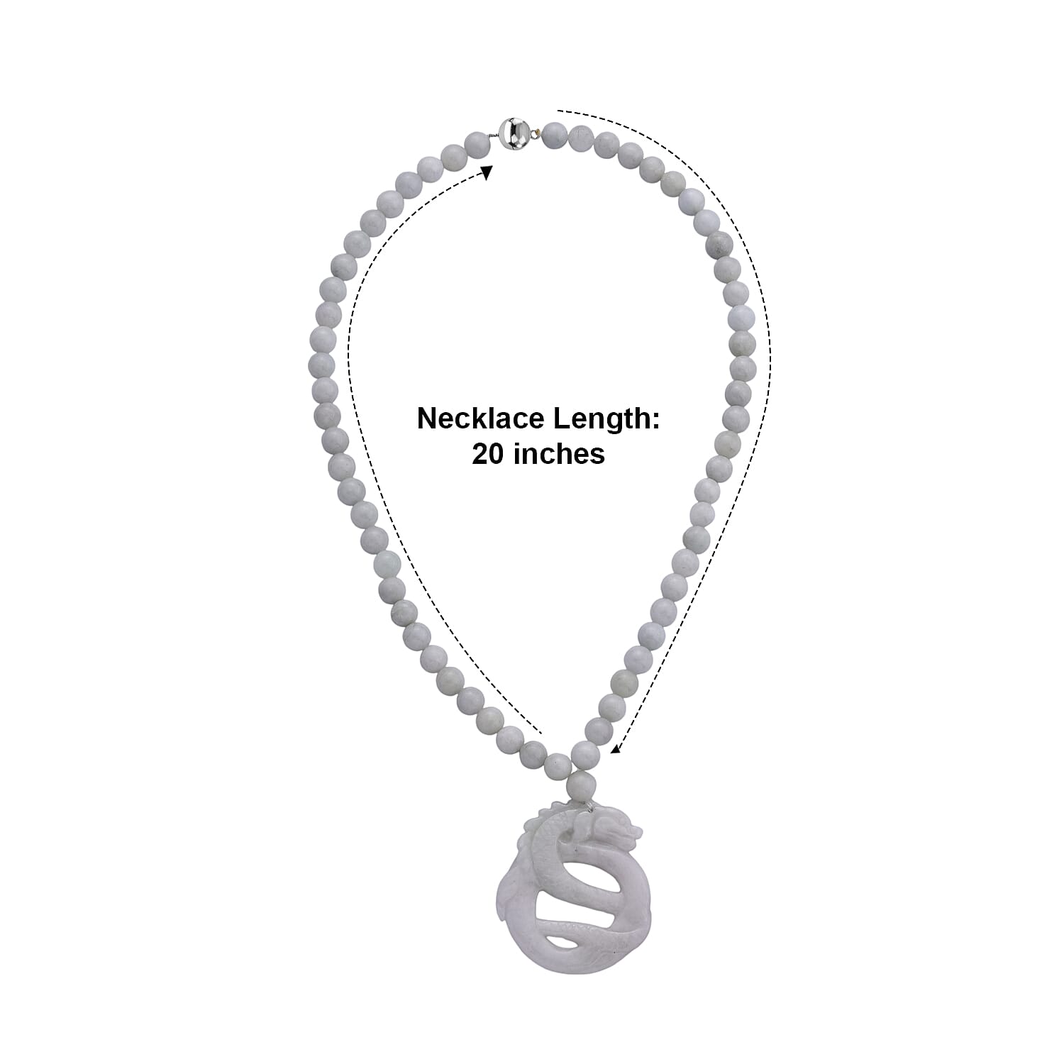 D'Joy Natural Jade 440.00 ctw Carved Double Dragon Pendant with Beaded Necklace (20 Inches) in Rhodium Over Sterling Silver