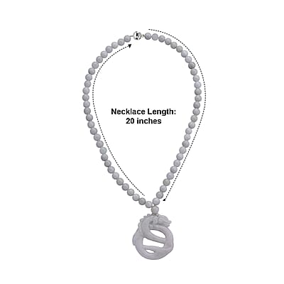 D'Joy Natural Jade 440.00 ctw Carved Double Dragon Pendant with Beaded Necklace (20 Inches) in Rhodium Over Sterling Silver