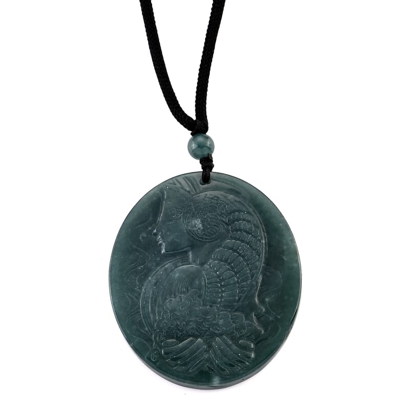 Natural Olmec Jadeite 55.00 ctw Carved Lady Fortuna Cotton Cord Necklace (26-28 Inches)