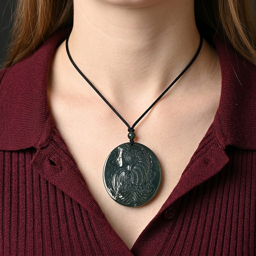 Natural Olmec Jadeite 55.00 ctw Carved Lady Fortuna Cotton Cord Necklace (26-28 Inches)