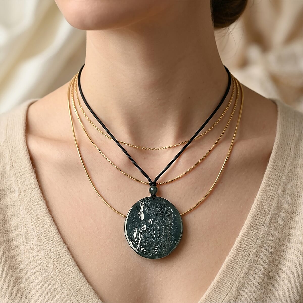 Natural Olmec Jadeite 55.00 ctw Carved Lady Fortuna Cotton Cord Necklace (26-28 Inches)