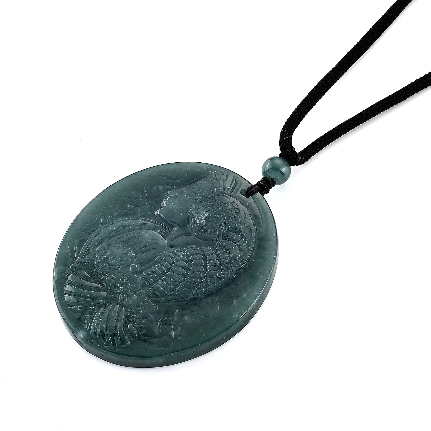 Natural Olmec Jadeite 55.00 ctw Carved Lady Fortuna Cotton Cord Necklace (26-28 Inches)