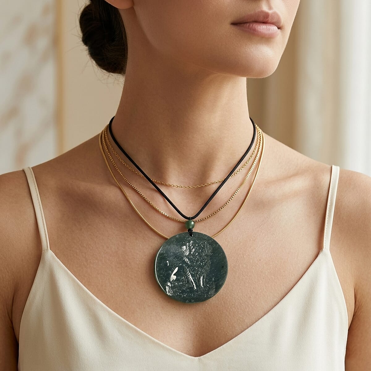 Natural Olmec Jadeite 55.00 ctw Carved Loyal Companion and Guardian Dog Cotton Cord Necklace (26-28 Inches) image number 2