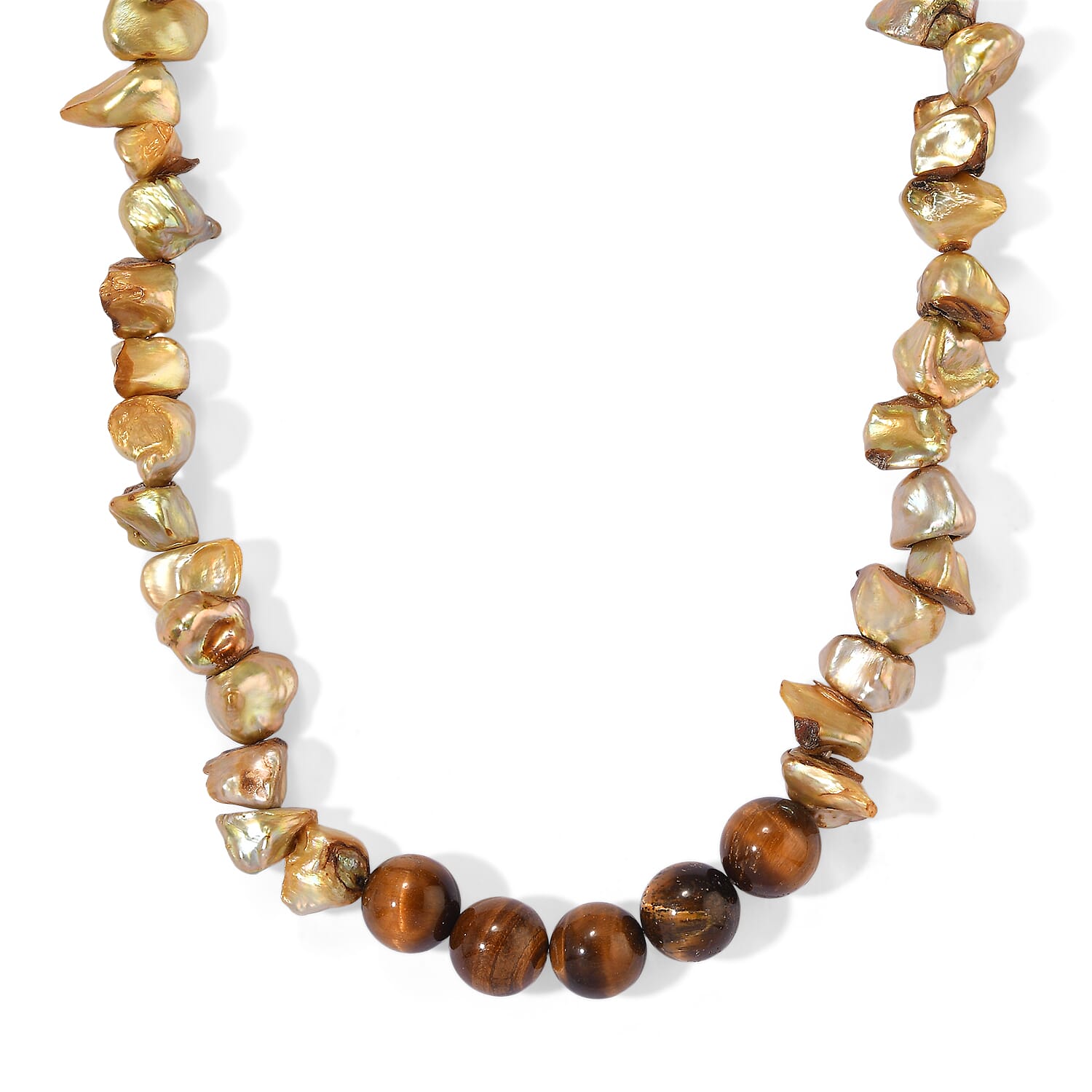 EverTrue Green Pearl (D) and Tigers Eye 40.00 ctw Beaded Necklace in Stainless Steel 18 Inches