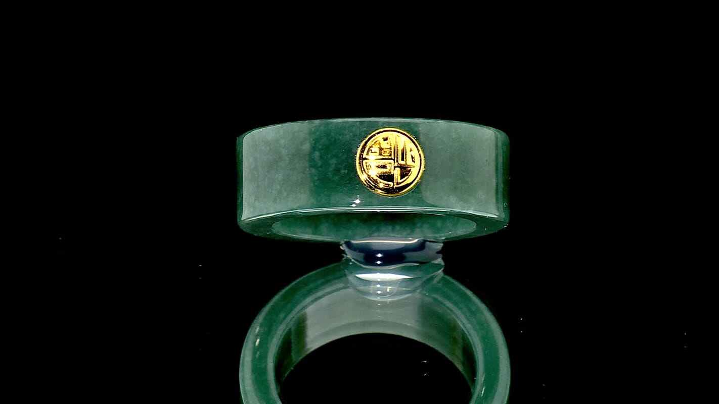 24K Yellow Gold Lucky Blessing Natural Olmec Jadeite Band Ring (Size 10.0) 30.00 ctw