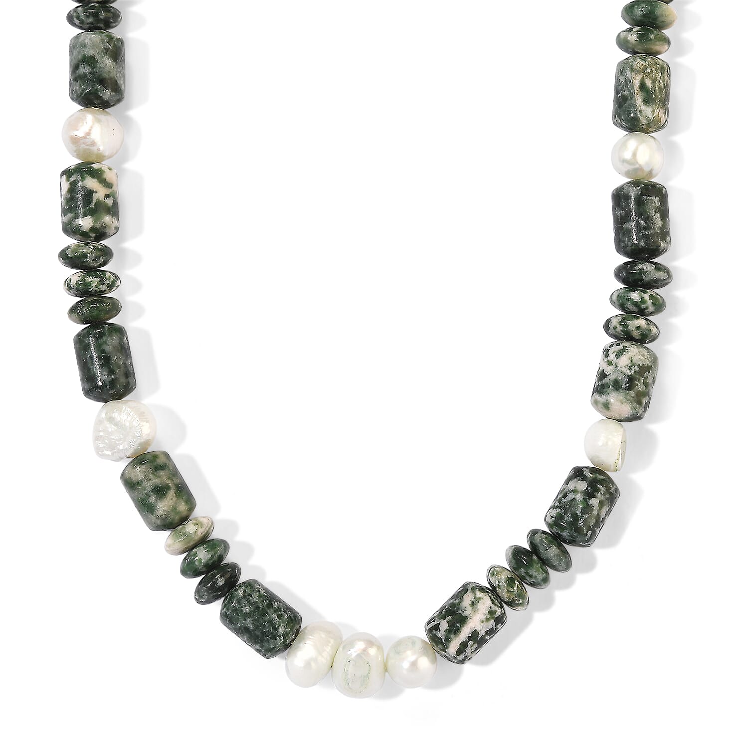 EverTrue Green Spot Agate and Light Green Fresh Water Pearl 220.00 ctw Beaded Necklace in Platinum Bond 18-19 Inches
