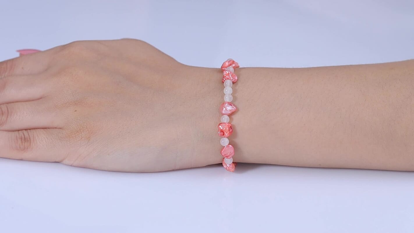 EverTrue Light Pink Pearl (D) and Rose Quartz 8.00 ctw Bracelet in Stainless Steel (7.25 In)