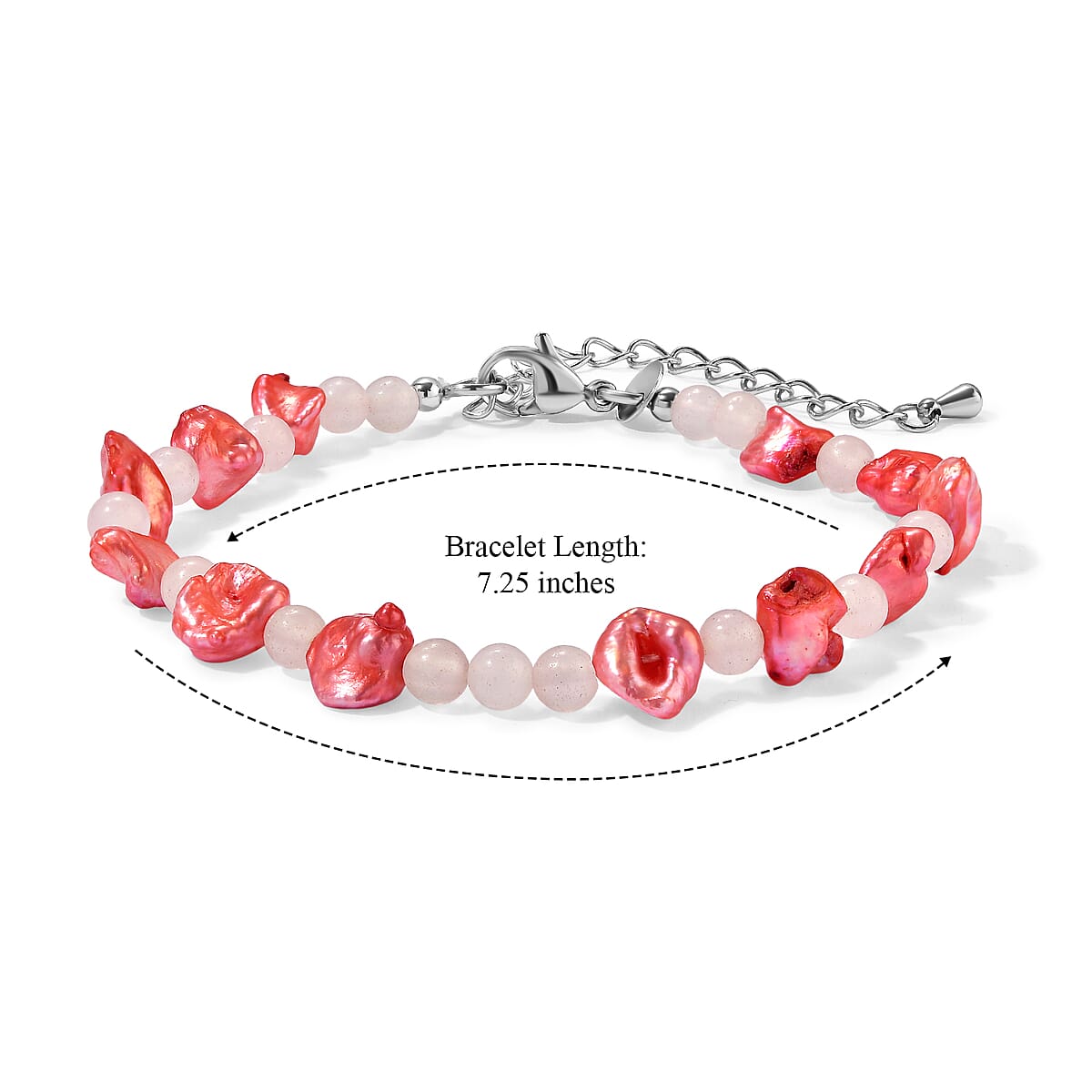 EverTrue Light Pink Pearl (D) and Rose Quartz 8.00 ctw Bracelet in Stainless Steel (7.25 In) image number 3
