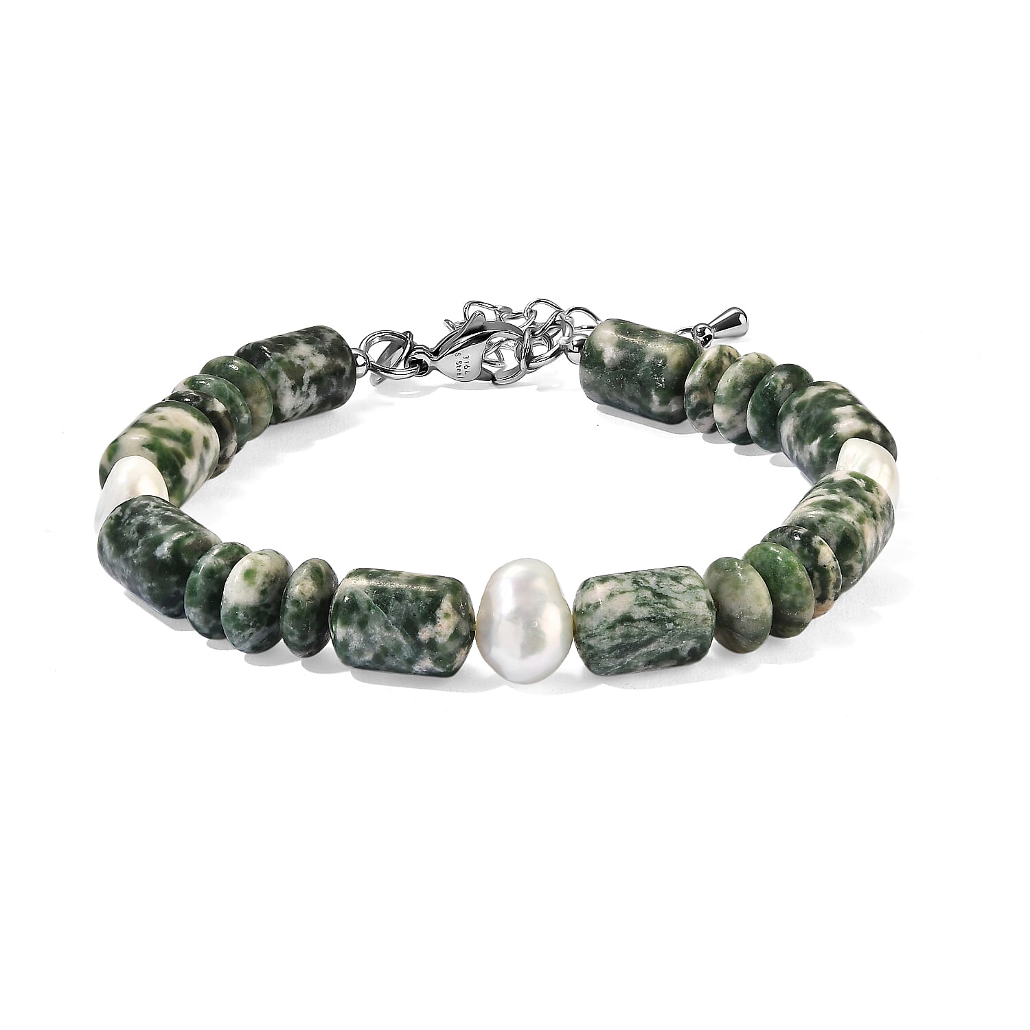 EverTrue Green Spot Agate 60.00 ctw and Light Green Freshwater Pearl Bracelet in Stainless Steel (7.25 In)