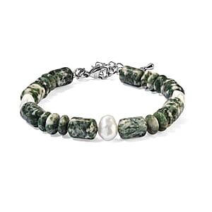 EverTrue Green Spot Agate 60.00 ctw and Light Green Freshwater Pearl Bracelet in Stainless Steel (7.25 In)