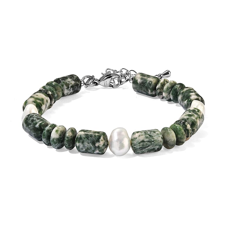 EverTrue Green Spot Agate 60.00 ctw and Light Green Freshwater Pearl Bracelet in Stainless Steel (7.25 In)