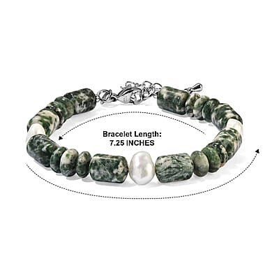 EverTrue Green Spot Agate 60.00 ctw and Light Green Freshwater Pearl Bracelet in Stainless Steel (7.25 In)