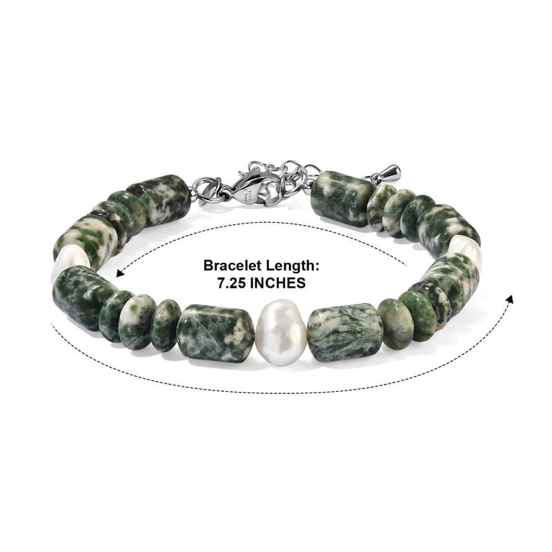 EverTrue Green Spot Agate 60.00 ctw and Light Green Freshwater Pearl Bracelet in Stainless Steel (7.25 In)