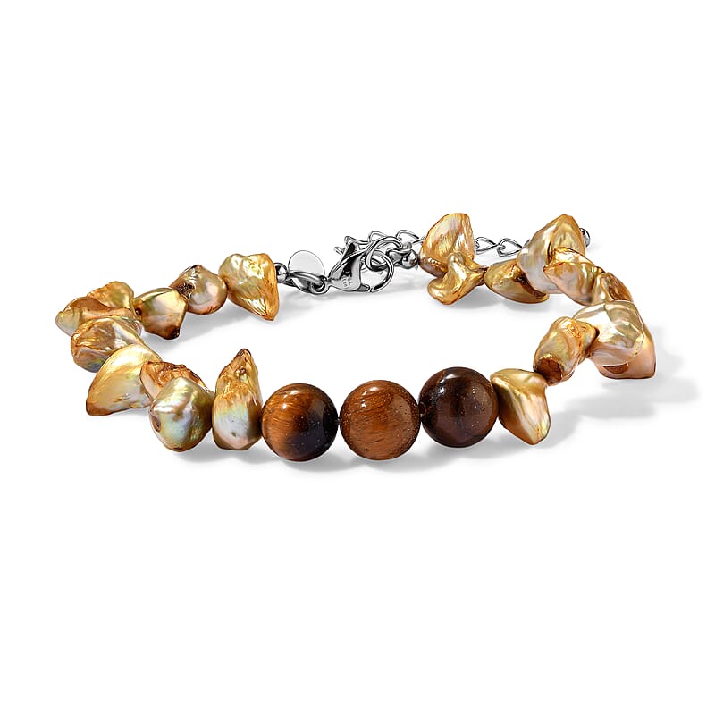 EverTrue Green Pearl (D) and Tigers Eye 24.00 ctw Bracelet in Stainless Steel (7.25-9.0In)
