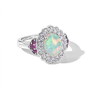 D'Joy Premium Ethiopian Welo Opal and Multi Gemstone 1.90 ctw Ring in Rhodium Over Sterling Silver (Size 7.0)