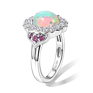 D'Joy Premium Ethiopian Welo Opal and Multi Gemstone 1.90 ctw Ring in Rhodium Over Sterling Silver (Size 7.0)