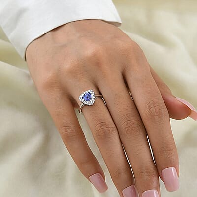 D'Joy Premium Tanzanite, Moissanite Ring in Rhodium Over Sterling Silver (Size 5.0) 1.35 ctw