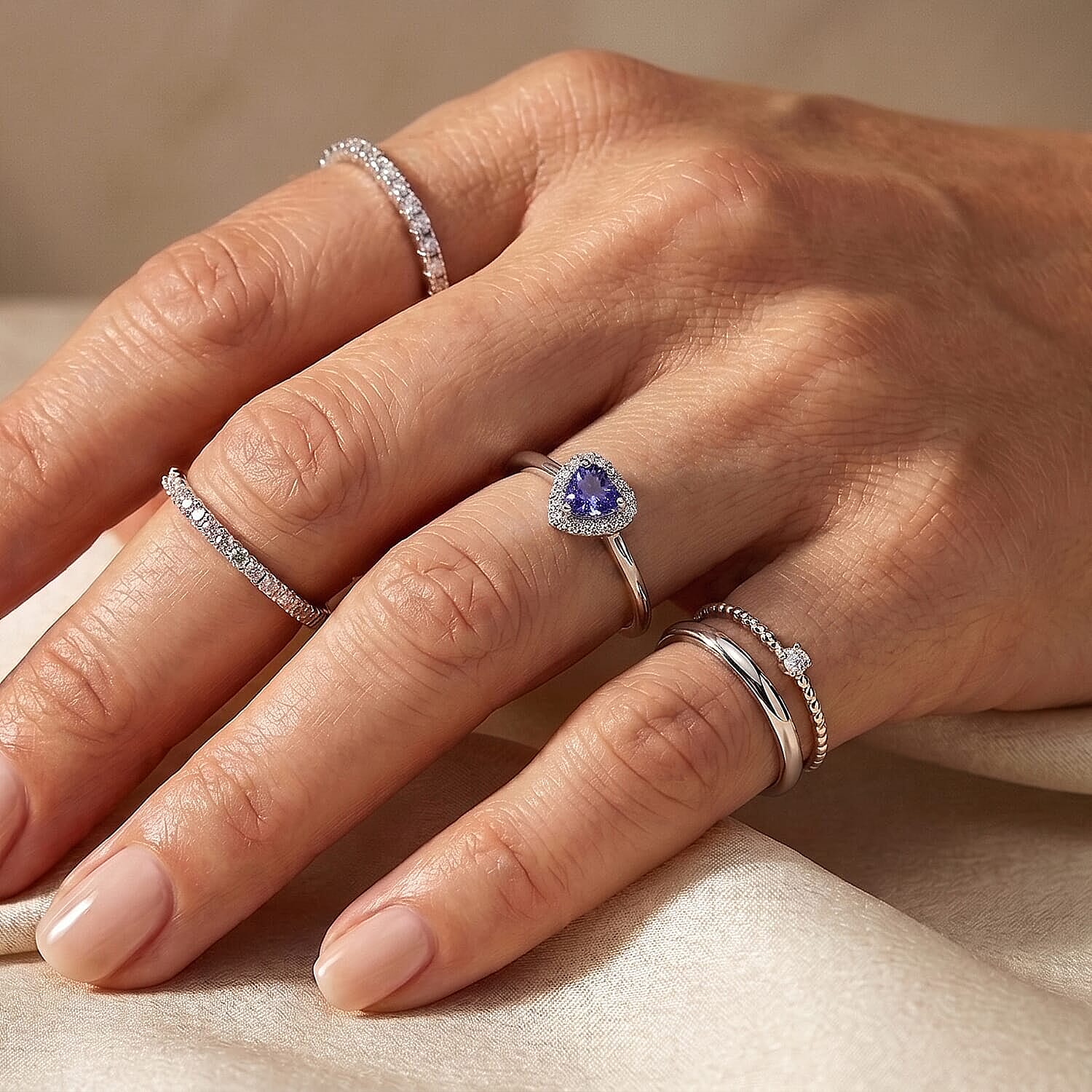 D'Joy Premium Tanzanite, Moissanite Ring in Rhodium Over Sterling Silver (Size 5.0) 1.35 ctw